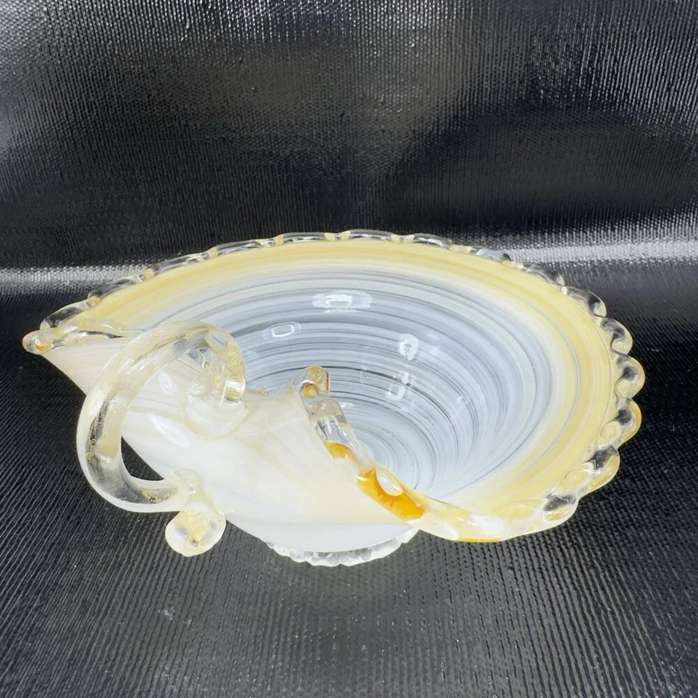 Venetian Art Glass Dish Bowl W Handles Hand Blown Italian Glass Gold White Swirl